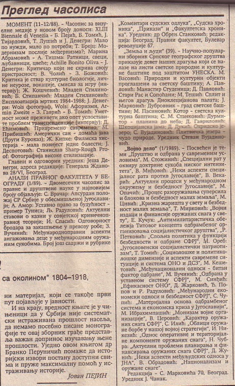Преглед часописа, Политика(тзв. "културни додатак", 29. 04. 1989)